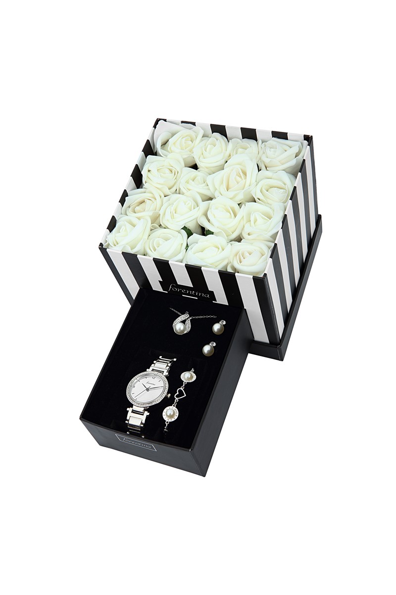 Forentina Güllü Kutuda İnci Modeli Kolye Küpe Bileklik Saat Hediye Set PS1559