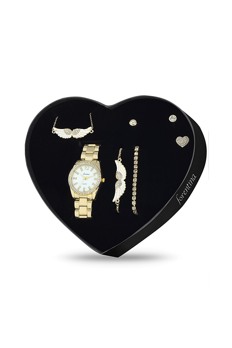 Forentina Mineli Melek Kanadı Kolye Bileklik Yüzük Saat Hediye Set PS1576