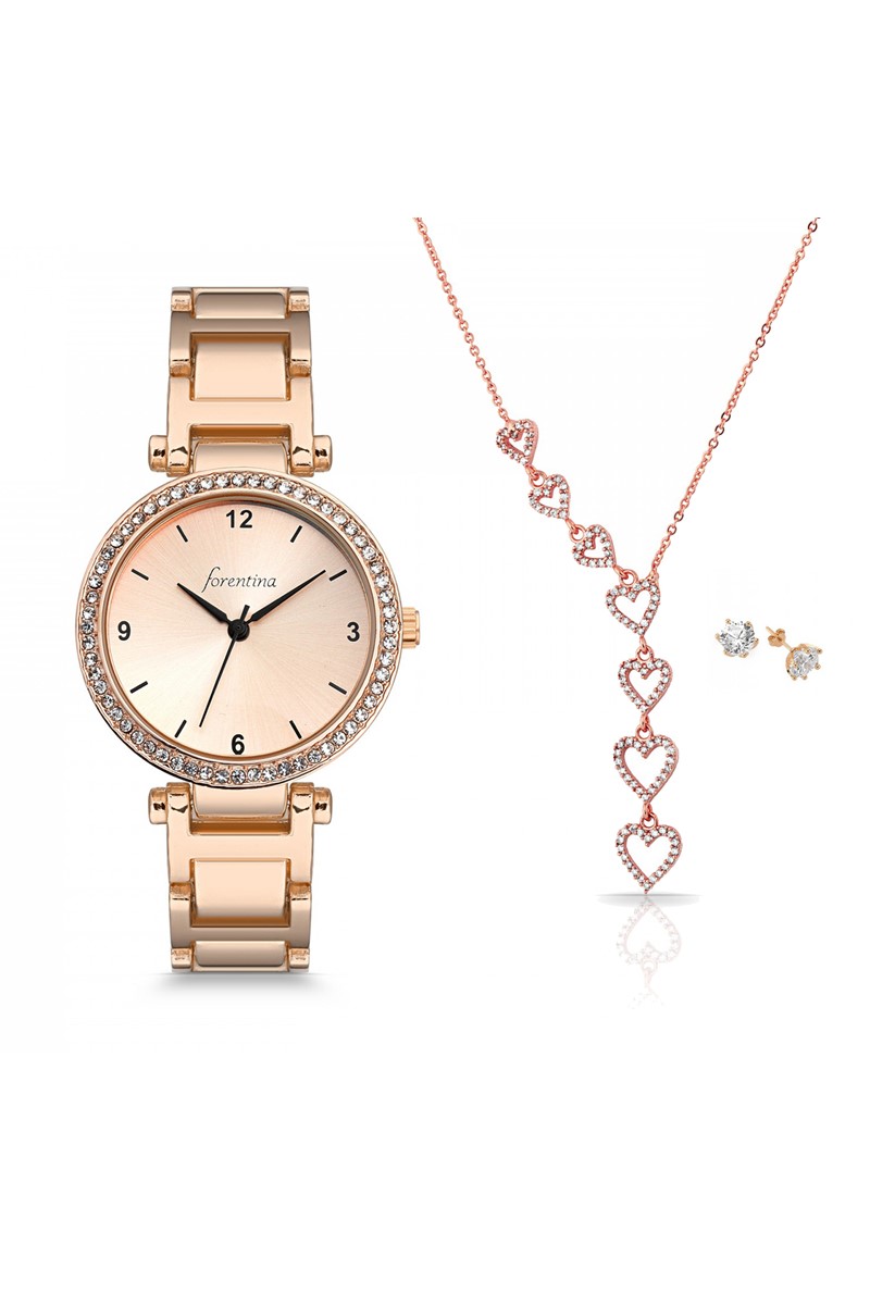 Forentina Rose Bayan Kol Saati Sallantılı Kalp Kolye Küpe Set PS1617