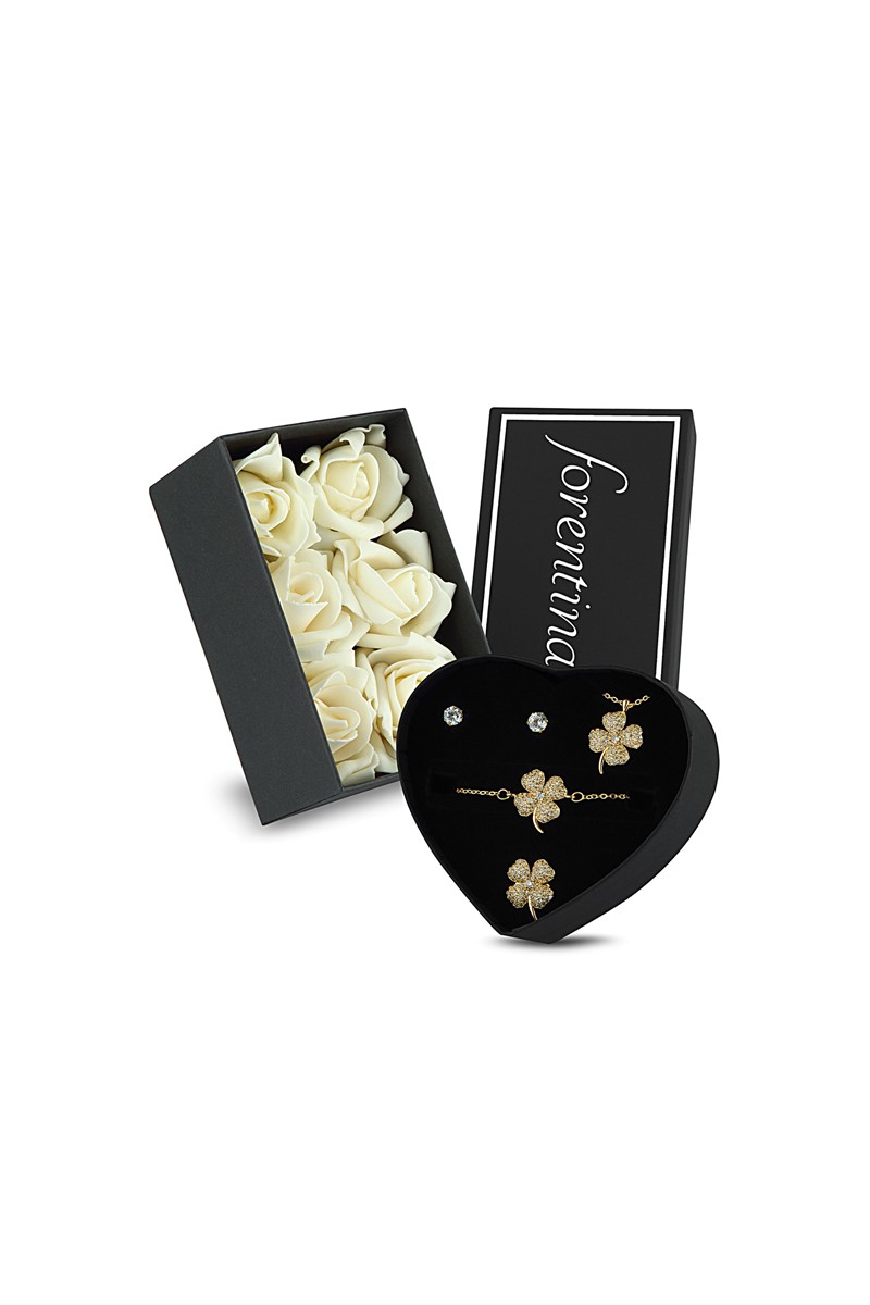 Forentina Güllü Kutuda Yonca Kolye Küpe Bileklik Yüzük Set PS1641