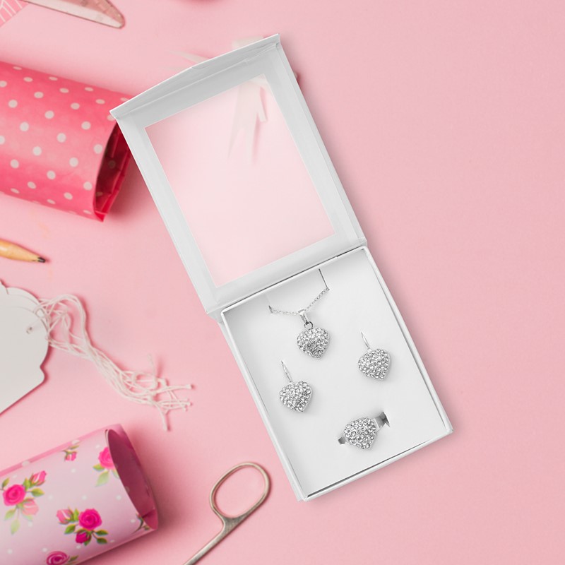 Forentina Gümüş Kaplama Kalpli Kolye Küpe Yüzük Set PS1645