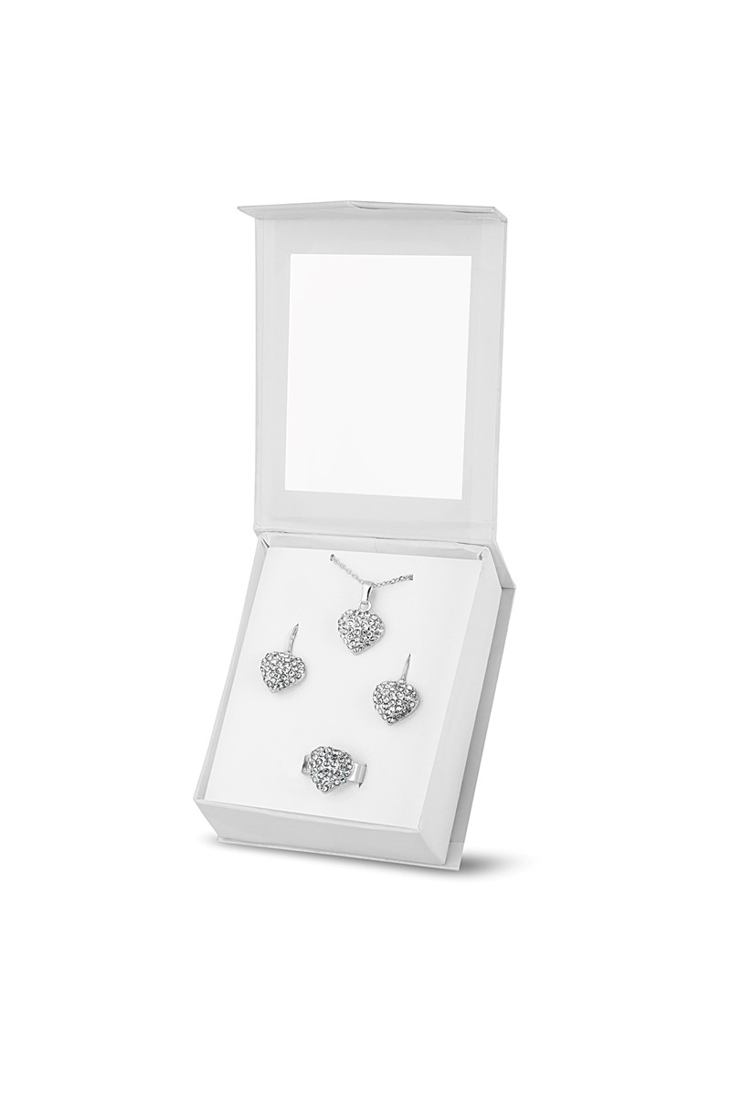 Forentina Gümüş Kaplama Kalpli Kolye Küpe Yüzük Set PS1645