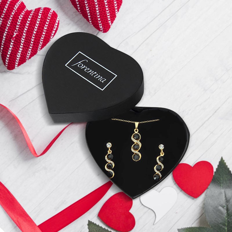 Forentina Tria Siyah Taşlı Kolye Küpe Set PS1655