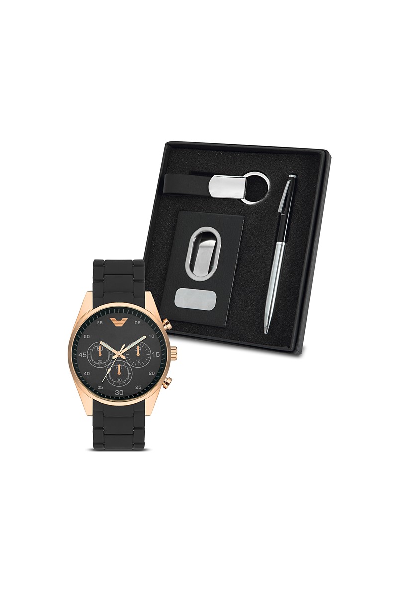 Forentina Siyah Erkek Kol Saati Kartvizit Kalem Anahtarlık Set PS1668