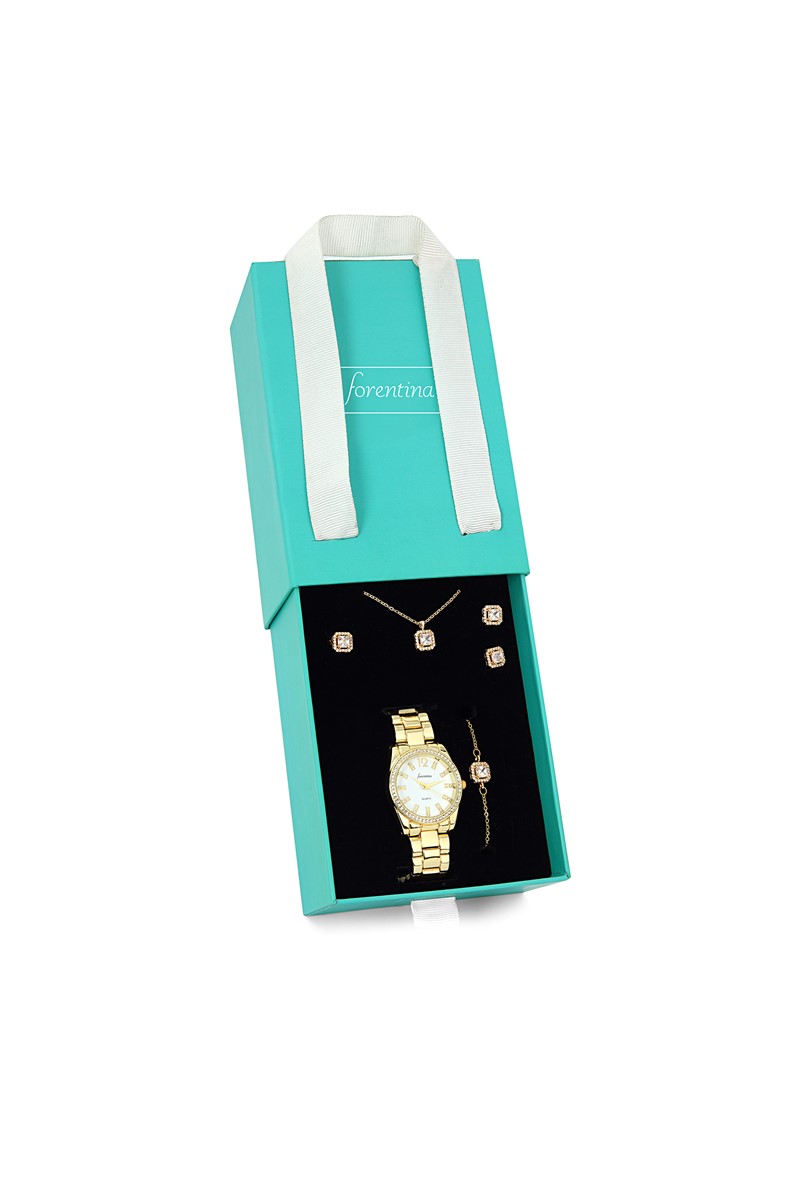 Forentina Tektaş Kolye Küpe Bileklik Yüzük Saat Hediye Set PS1675
