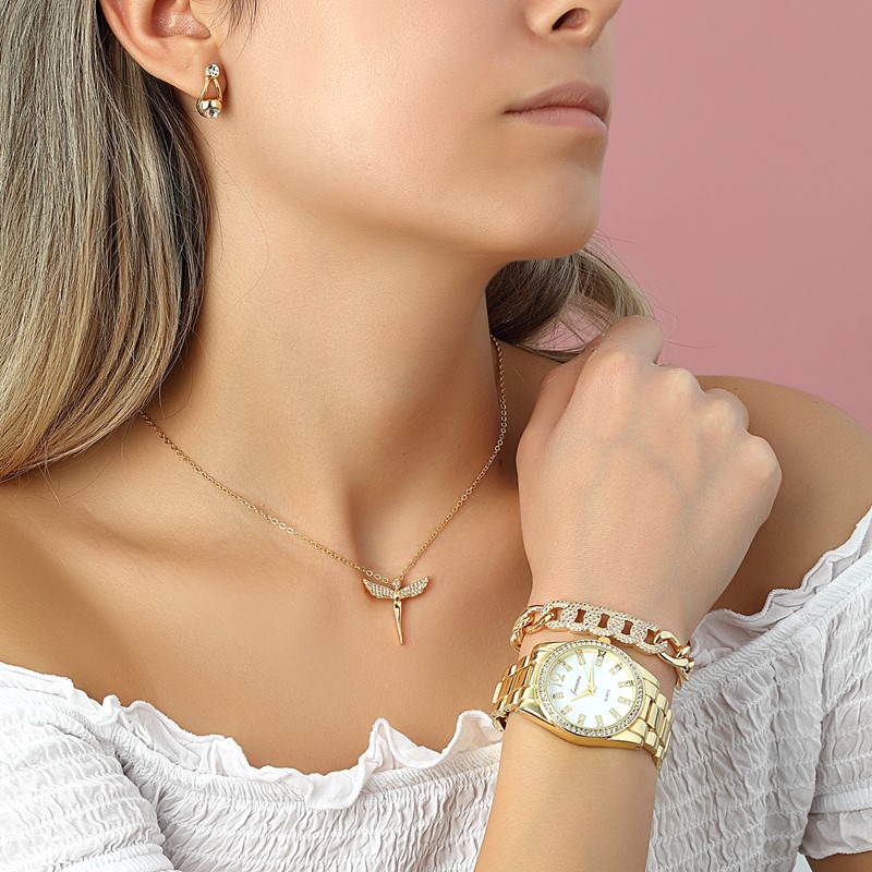 Forentina Melek Kanadı Kolye Küpe Bileklik Saat Hediye Set PS1676