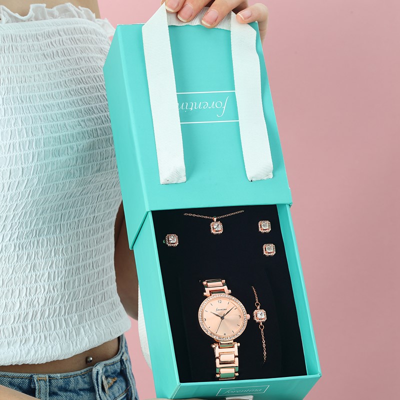 Forentina Rose Tektaş Kolye Küpe Bileklik Saat Hediye Set PS1677