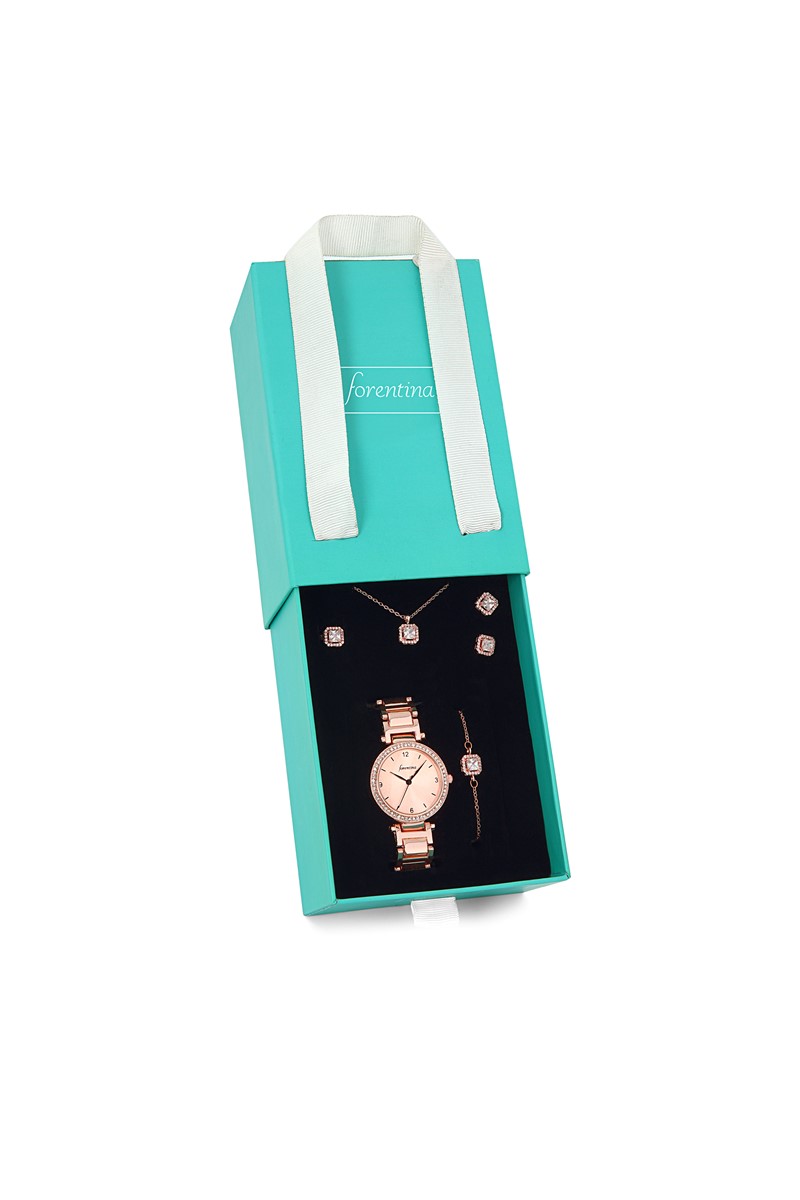 Forentina Rose Tektaş Kolye Küpe Bileklik Saat Hediye Set PS1677