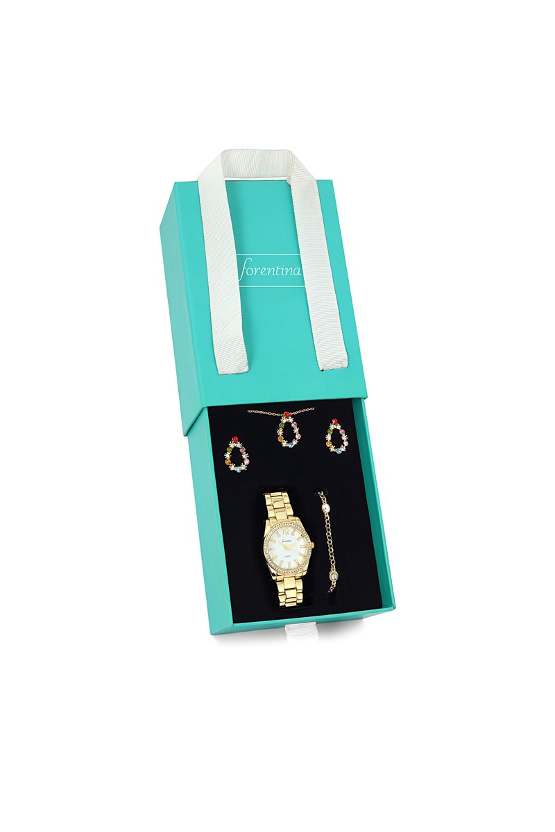 Forentina Renkli Taş Kolye Küpe Bileklik Saat Hediye Set PS1679