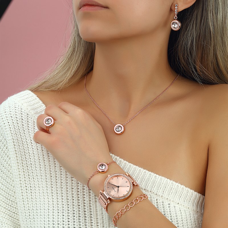 Forentina Rose Tektaş Kolye Küpe Bileklik Yüzük Küpe Saat Set  PS1682