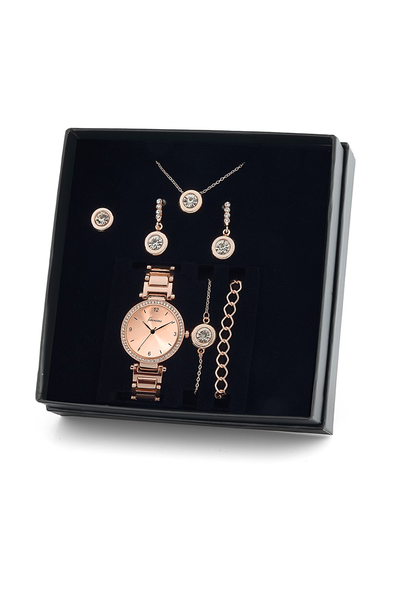 Forentina Rose Tektaş Kolye Küpe Bileklik Yüzük Küpe Saat Set  PS1682