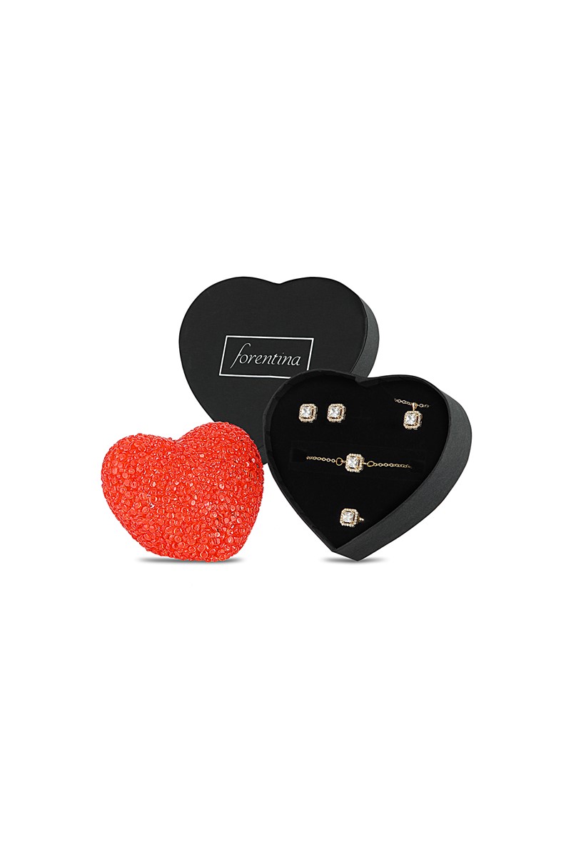 Forentina Tektaş Kolye Küpe Bileklik Yüzük- Led Kalpli Lamba PS1685