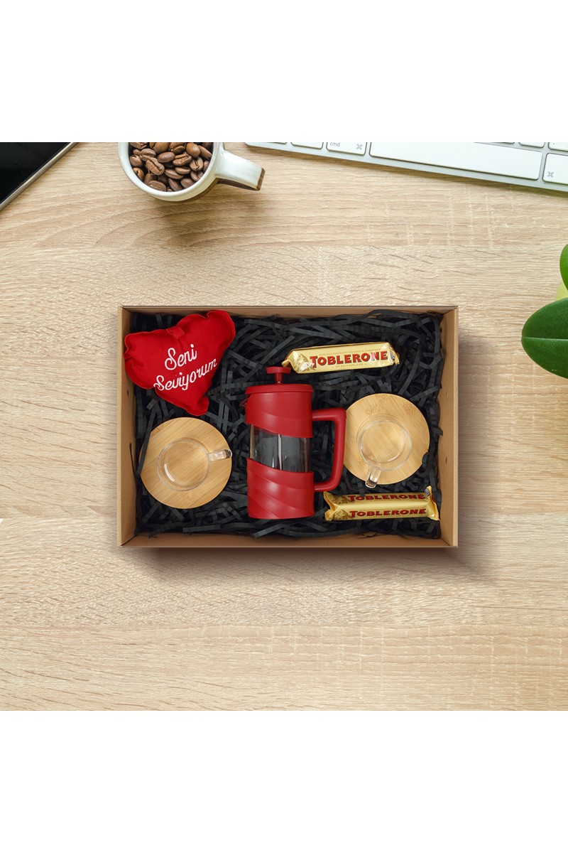French Press & 2 Kahve Fincanı Toblerone Çikolata Seni Seviyorum Yastık  PS1693