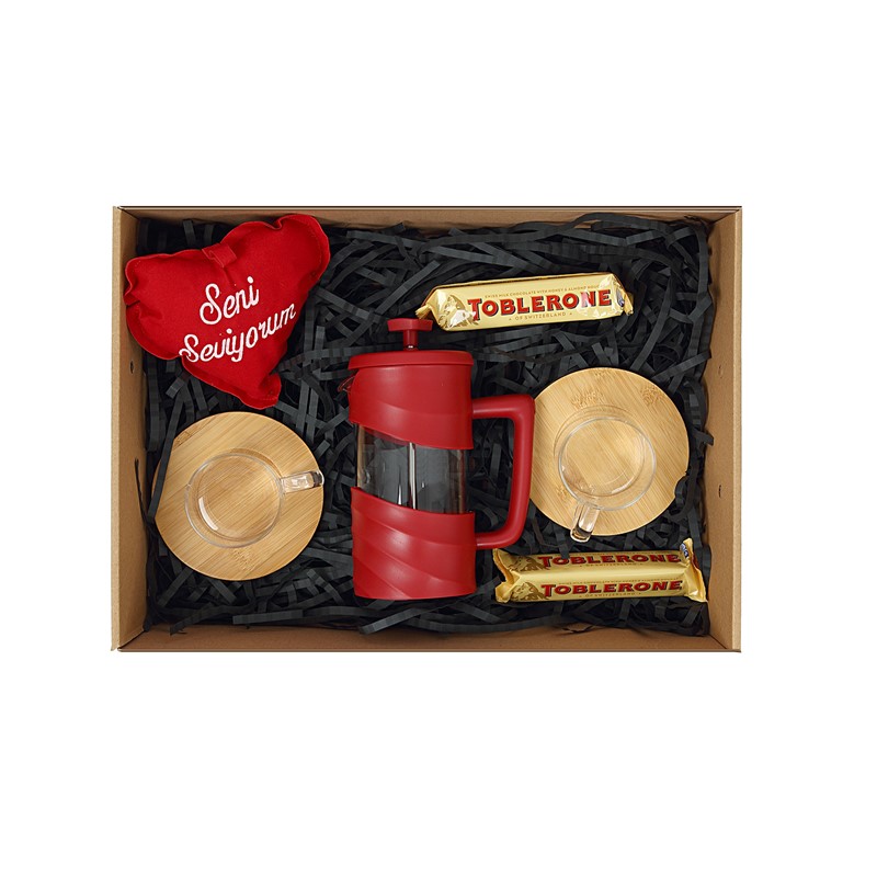 French Press & 2 Kahve Fincanı Toblerone Çikolata Seni Seviyorum Yastık  PS1693