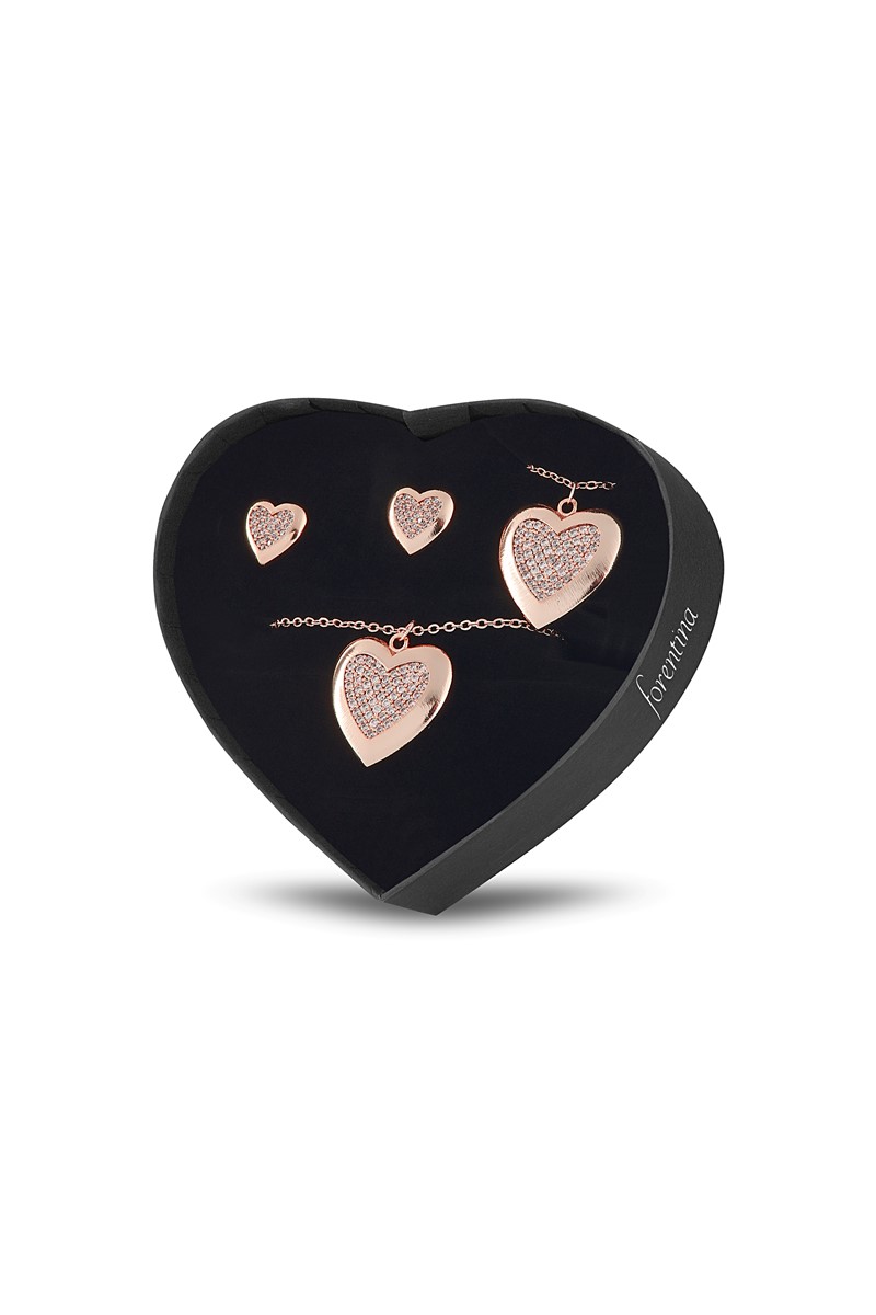 Forentina Kalbimin Aynası Tasarım Rose Kalpli Kolye Küpe Bileklik PS1699