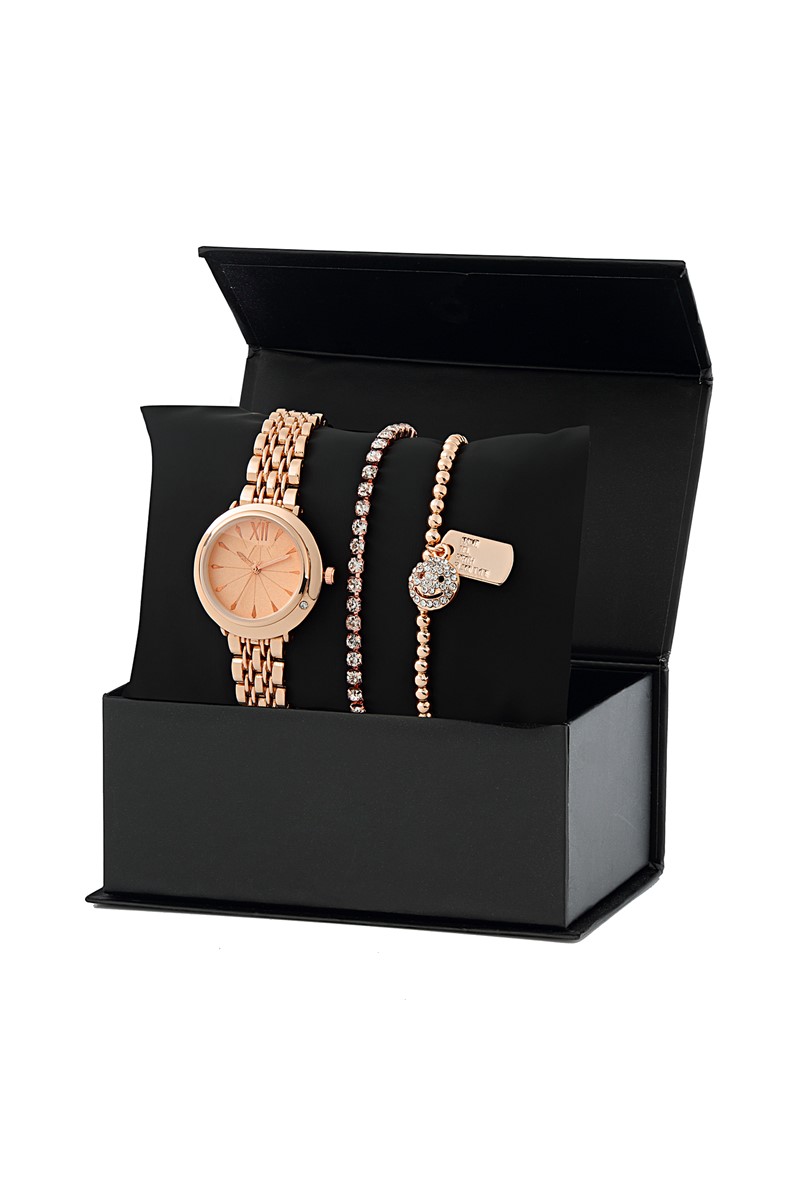 Bayan Rose Taşlı Kol Saati 2 Bileklik Kombin Set PS1724