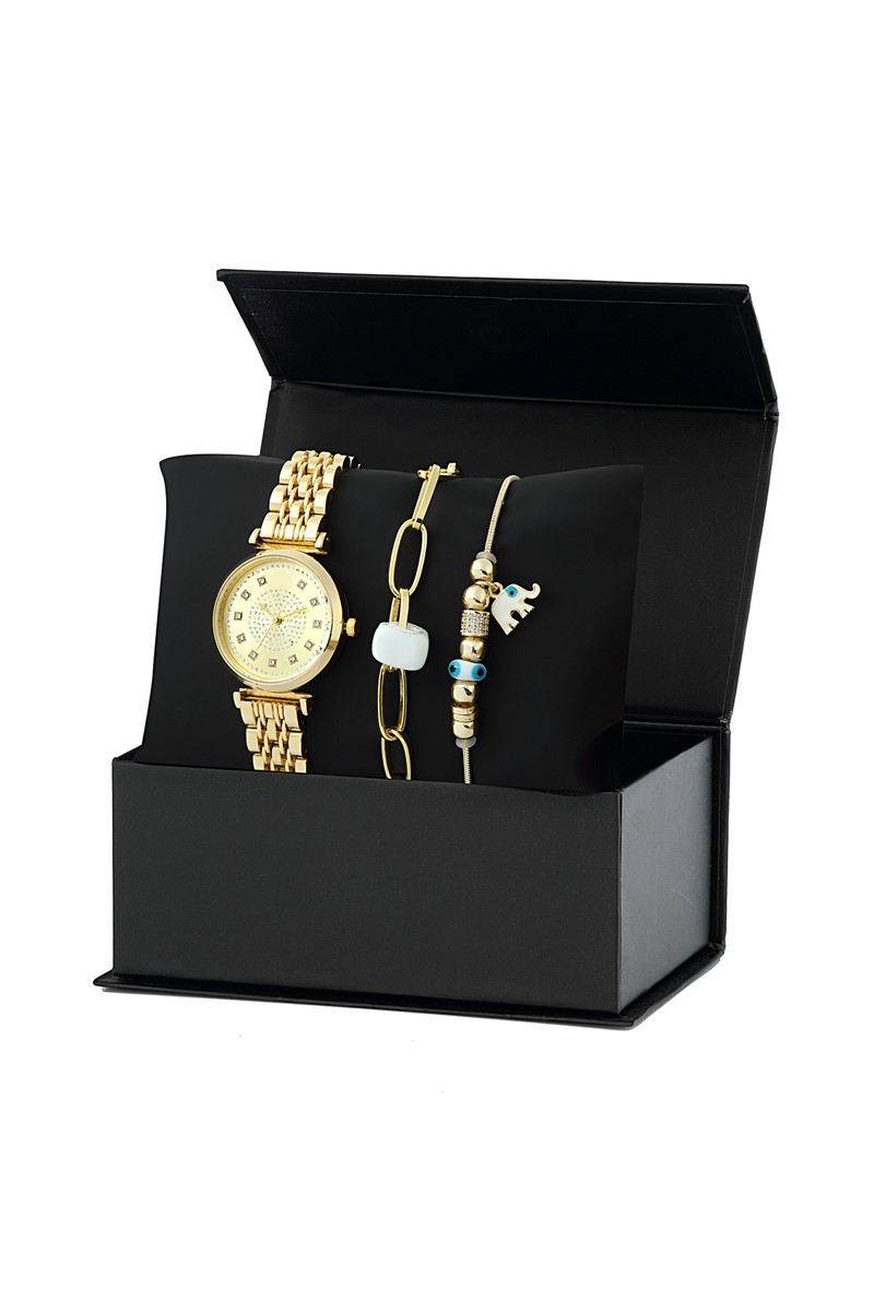 Forentina Beyaz Taşlı Kombin Saat Seti Hediye Set PS1728