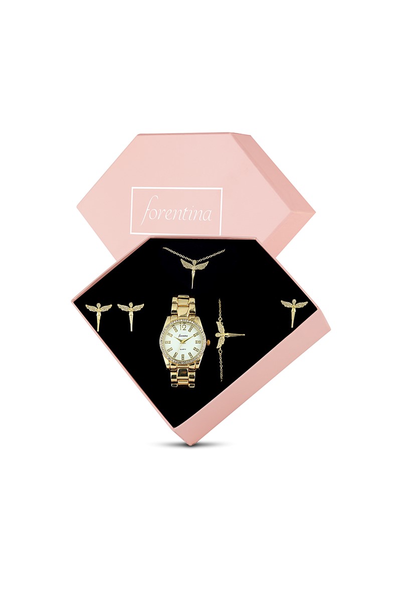 Forentina Altın Kap. Melek Kolye Küpe Bileklik Yüzük Saat Hediye Set PS1739