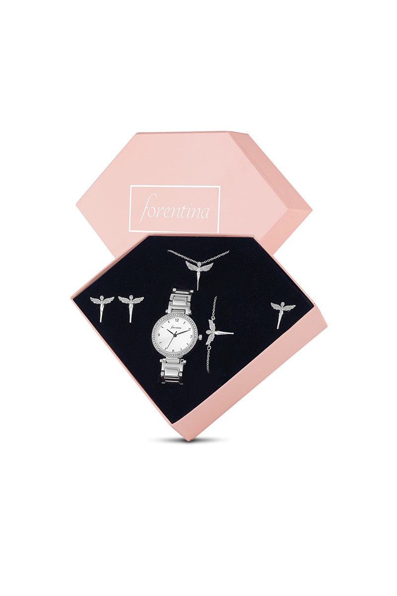 Forentina Gümüş Kaplama Melek Kolye Küpe Bileklik Yüzük Saat Hediye Set PS1740