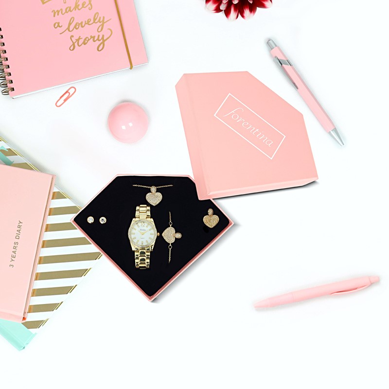 Forentina Altın Kap. Kalpli Kolye Küpe Bileklik Yüzük Saat - Hediye Set PS1744