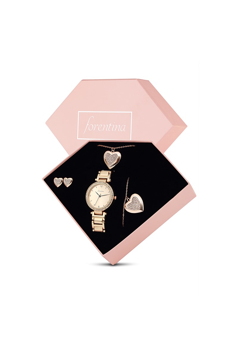 Forentina Rose Kalpli Kolye Küpe Bileklik  Saat - Hediye Set PS1746