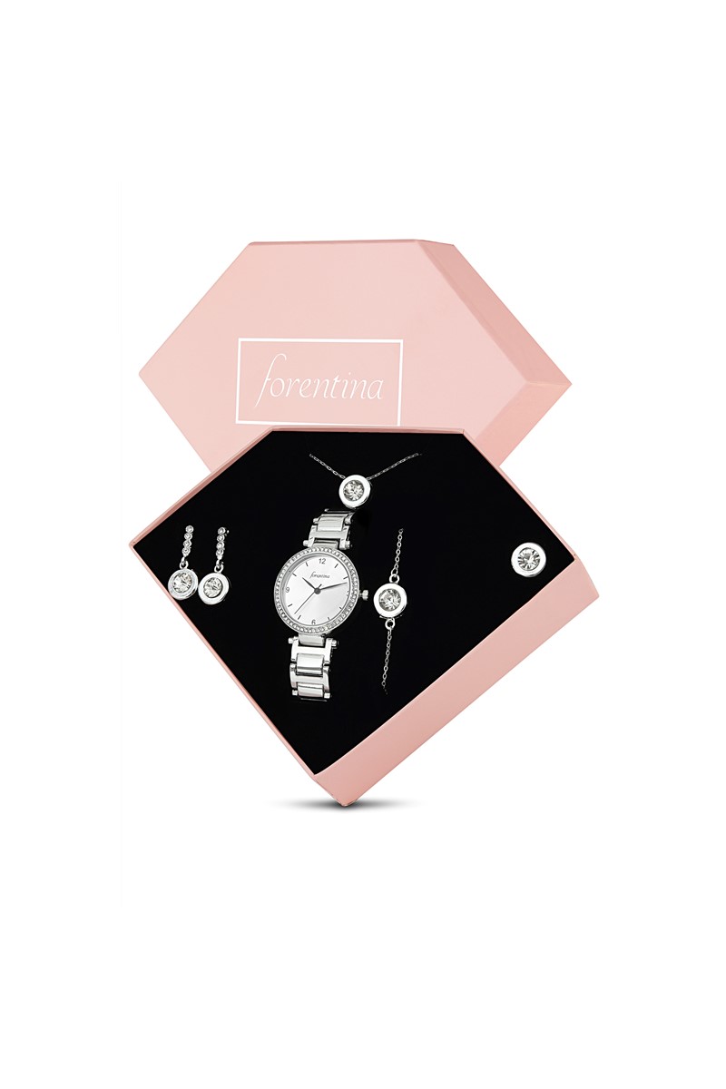 Forentina Gümüş Kaplama Tektaş kolye Küpe Bileklik Saat - Hediye Set PS1747