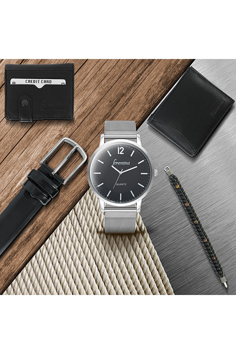 Forentina Gri Hasır Kol Saati - Kemer Cüzdan Kartvizit Bileklik Erkek Set PS1748