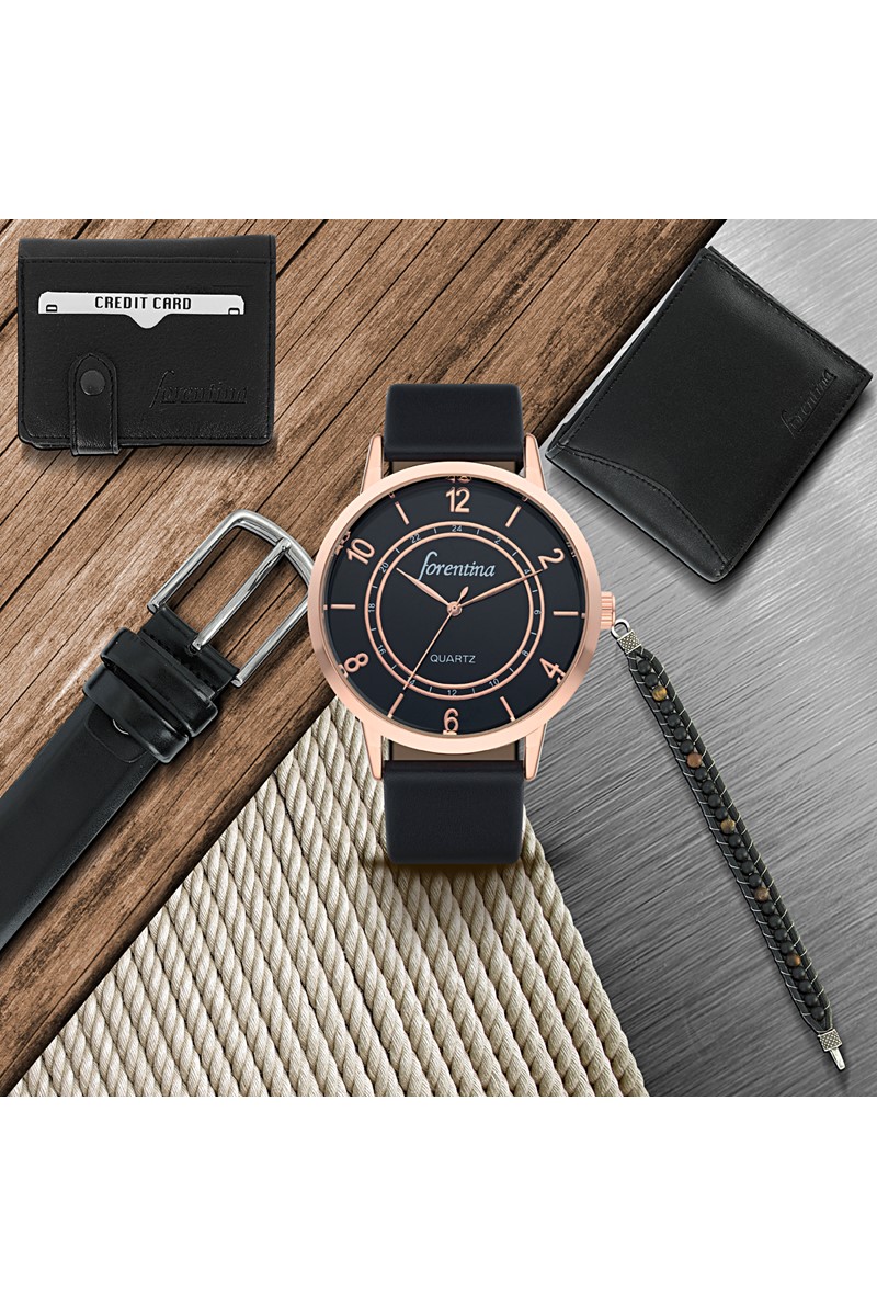 Forentina Siyah Kol Saati - Kemer Cüzdan Kartvizit Bileklik Erkek Set PS1749