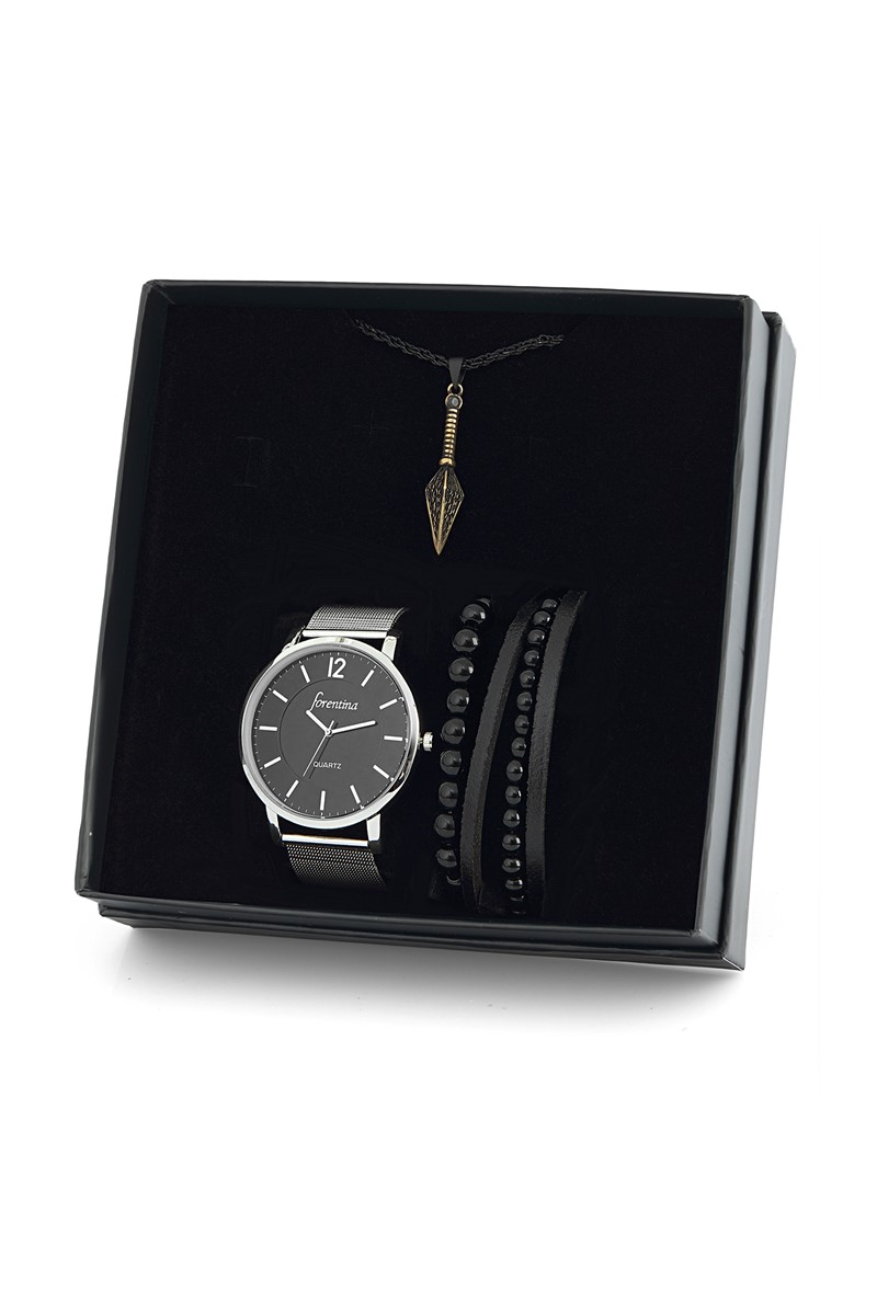 Forentina Gri Hasır Kol Saati Mızrak Kolye Bileklik PS1759