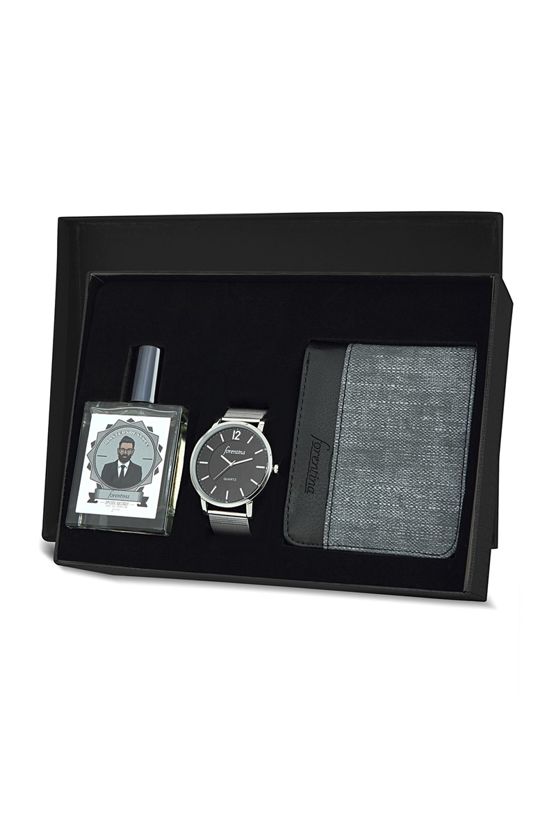 Forentina Erkek Gri Hasır Erkek Kol Saati Parfüm Cüzdan PS1761