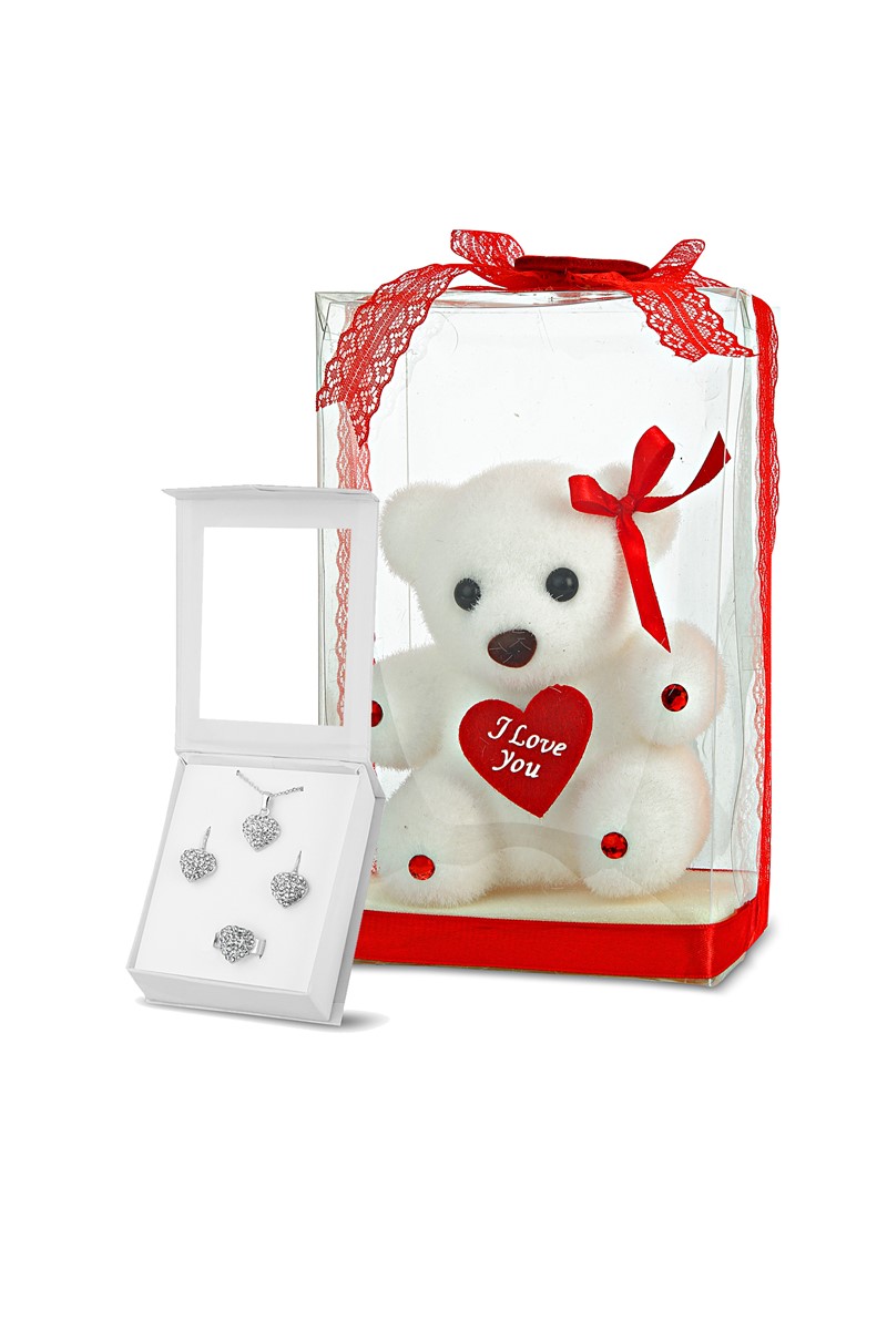 Forentina Gümüş Kaplama Kalpli Takı Seti - Ayıcık Hediye Set PS1763