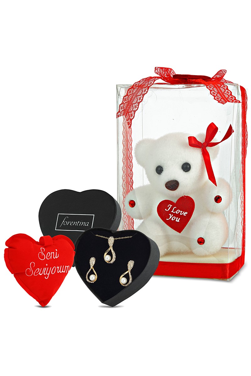 Forentina Tasarım Kolye Küpe Set - Ayıcık Ve Yastık Hediye Set PS1767