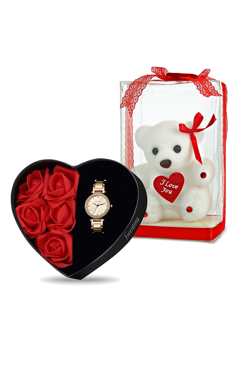 Forentina Rose Metal Bayan Kol Saati - Güllü Kutuda Ayıcık Set PS1768