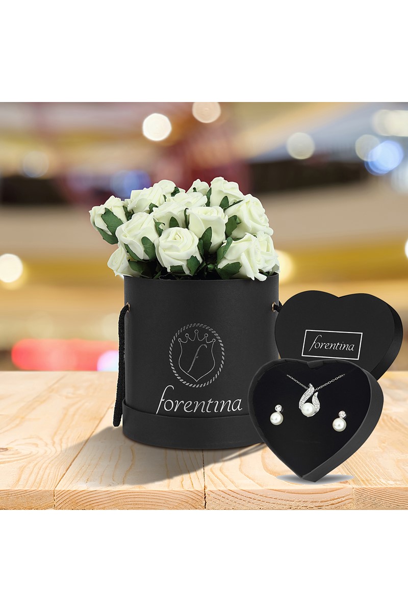 Forentina İnci Modeli Kolye Küpe Set - Güllü Kutusunda Hediye Set PS1779