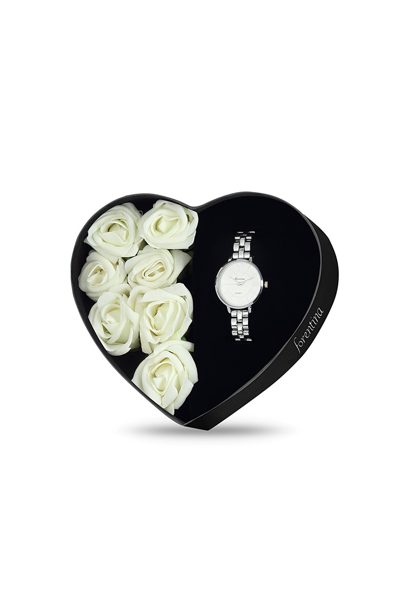 Forentina Metal Bayan Kol Saati - Silindir Kutuda Güllü Set PS1780