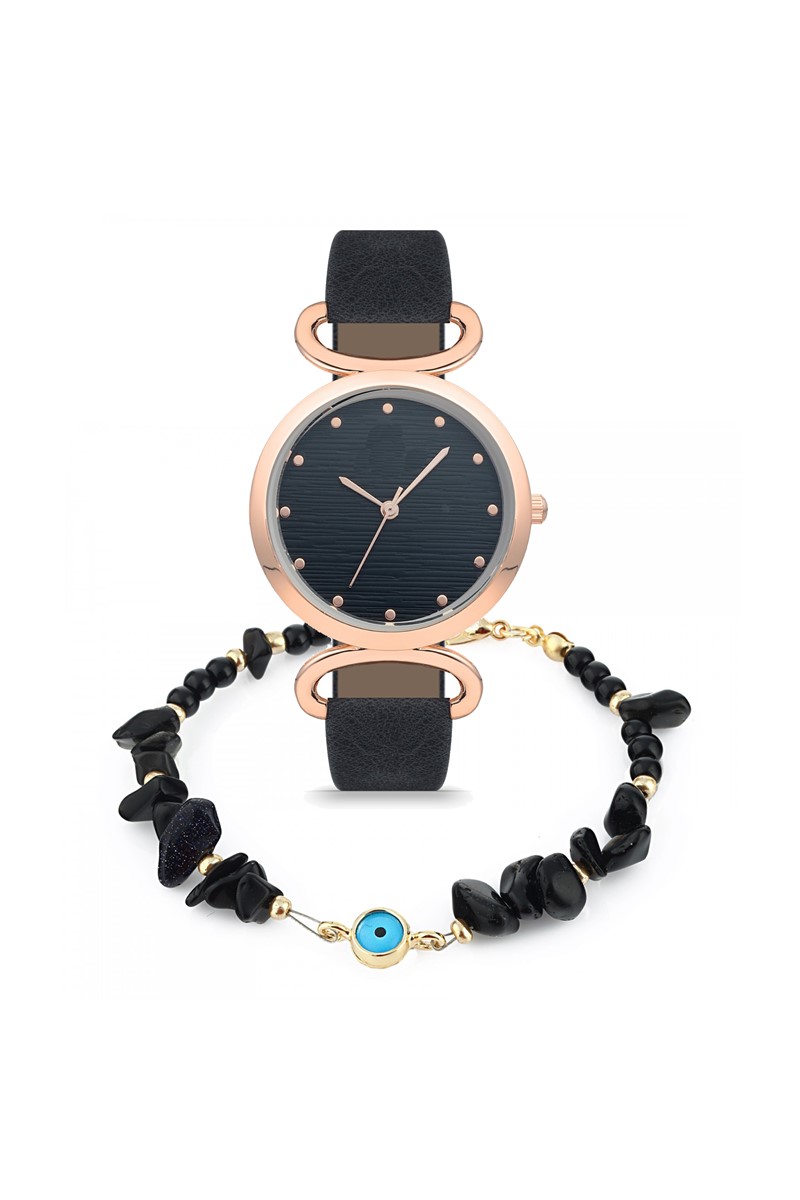 Forentina Siyah Bayan Kol Saati - Siyah Nazar Boncuk Bileklik Kombin PS1802