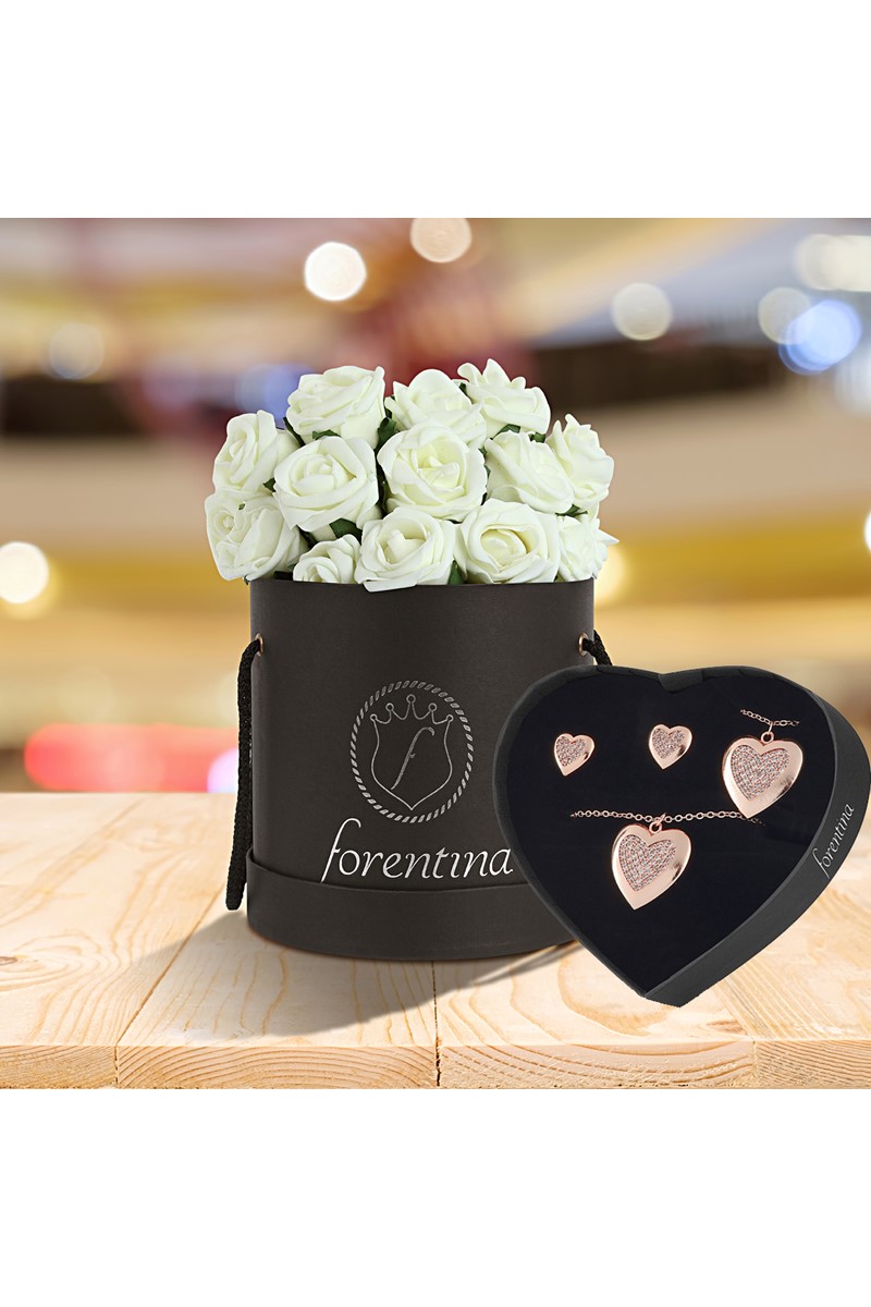 Forentina Rose Kalpli Kolye Küpe Bileklik Set - Güllü Kutusunda Hediye Set PS1805