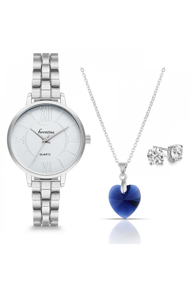 Forentina Gri Metal Bayan Kol Saati - Kristal Kolye Küpe PS1807