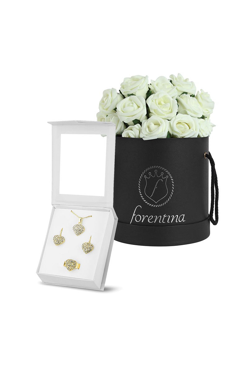 Forentina Kalpli Kolye Küpe Yüzük Set - Güllü Kutu Hediye Set PS1810