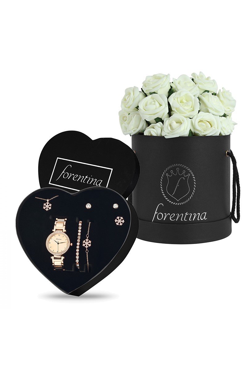 Forentina Rose Kar Tanesi Kolye Küpe Bileklik Yüzük Saat- Güllü Kutu Set PS1812