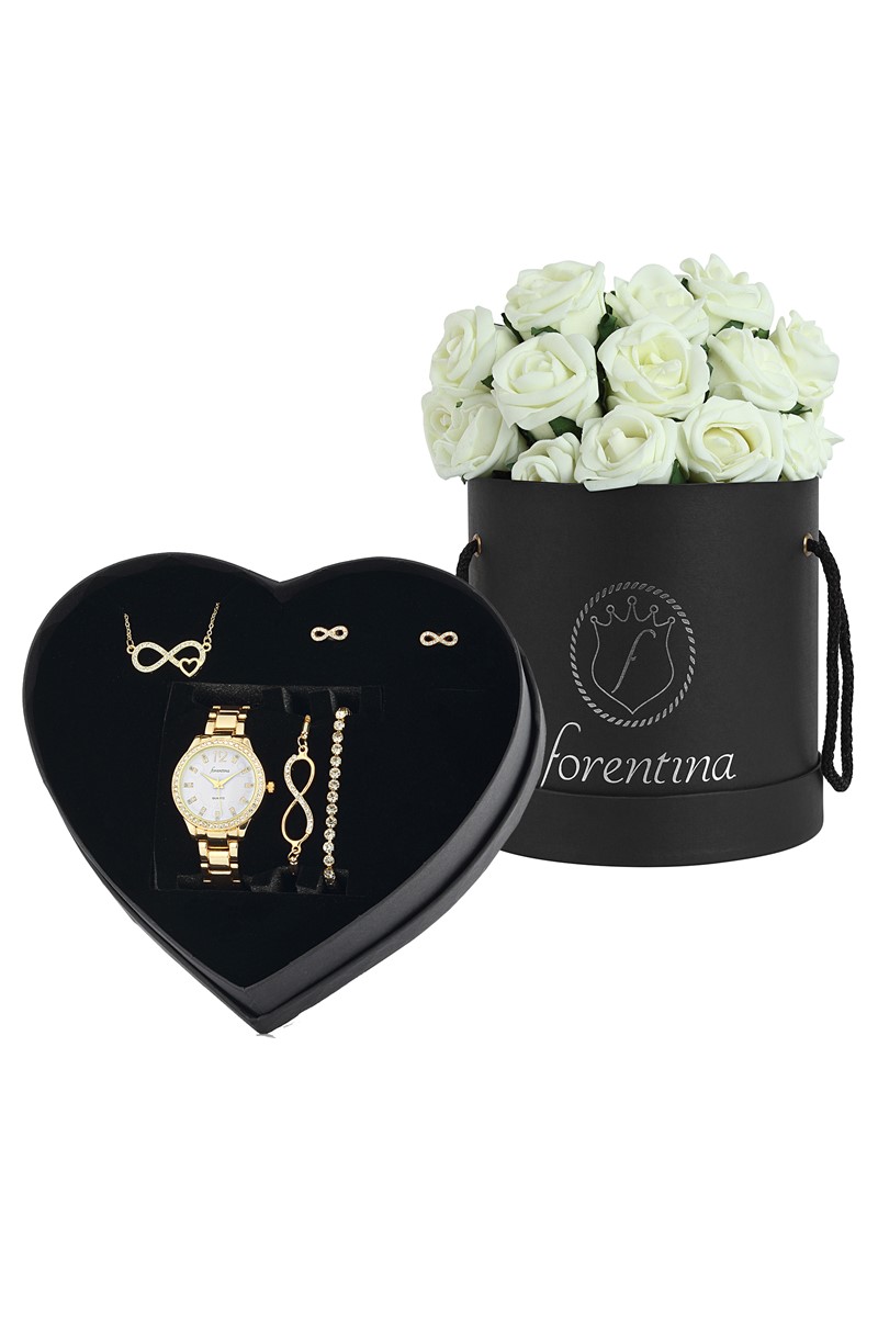 Forentina Kalpli Kolye Küpe Bileklik Saat Seti - Güllü Kutu Hediye Set PS1813