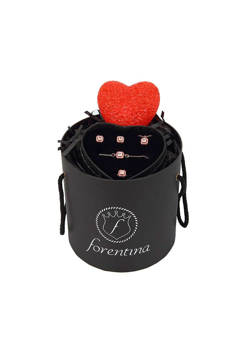 Forentina Rose Tektaş Kolye Küpe Bileklik Yüzük Set - Led Lamba Hediye Set PS1842