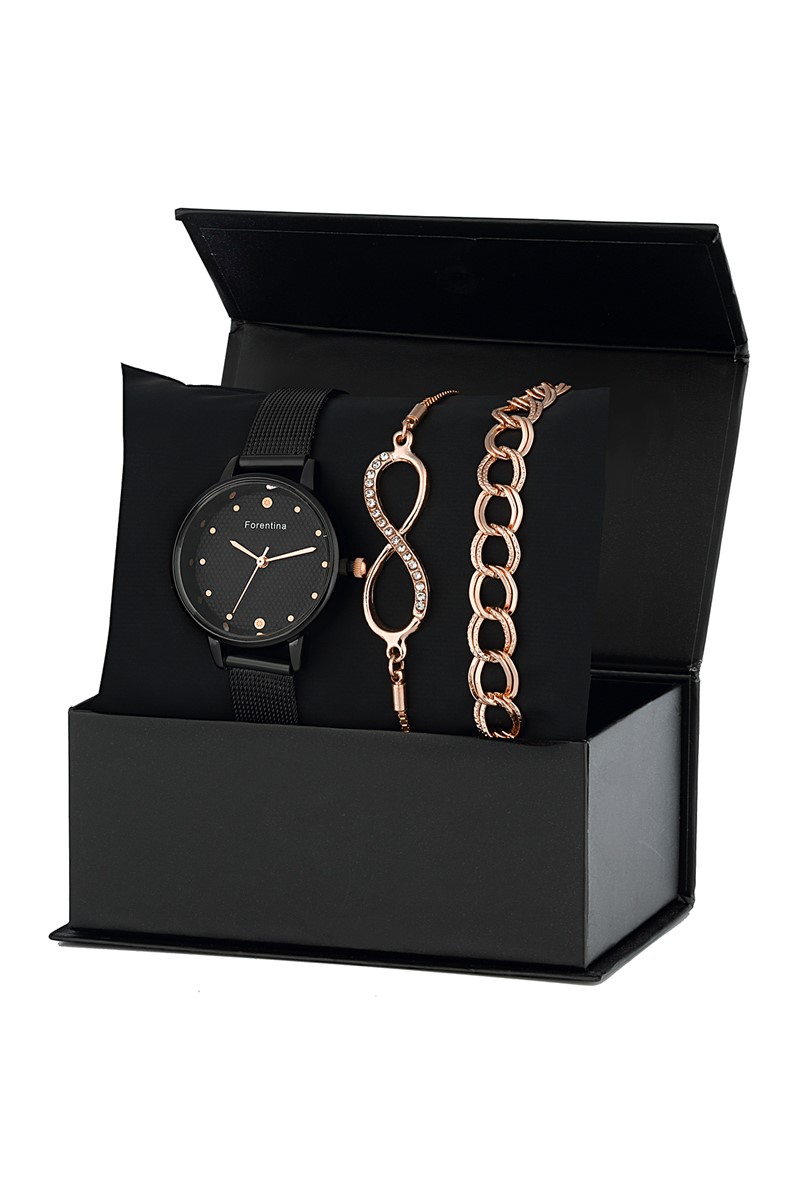 Forentina Siyah Hasır Bayan Kol Saati Bileklik Kombin PS1860
