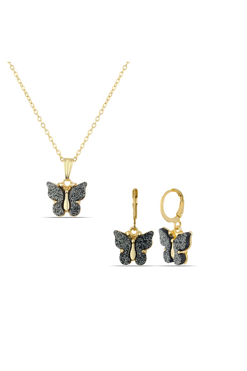 Forentina Siyah Kelebek Kolye Küpe Takı Seti PS1871