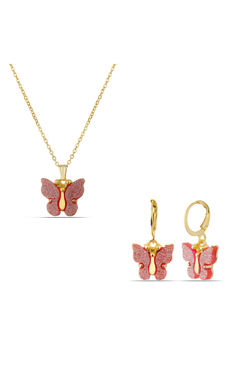 Forentina Pembe Simli Kelebek Kolye Küpe Takı Seti PS1872