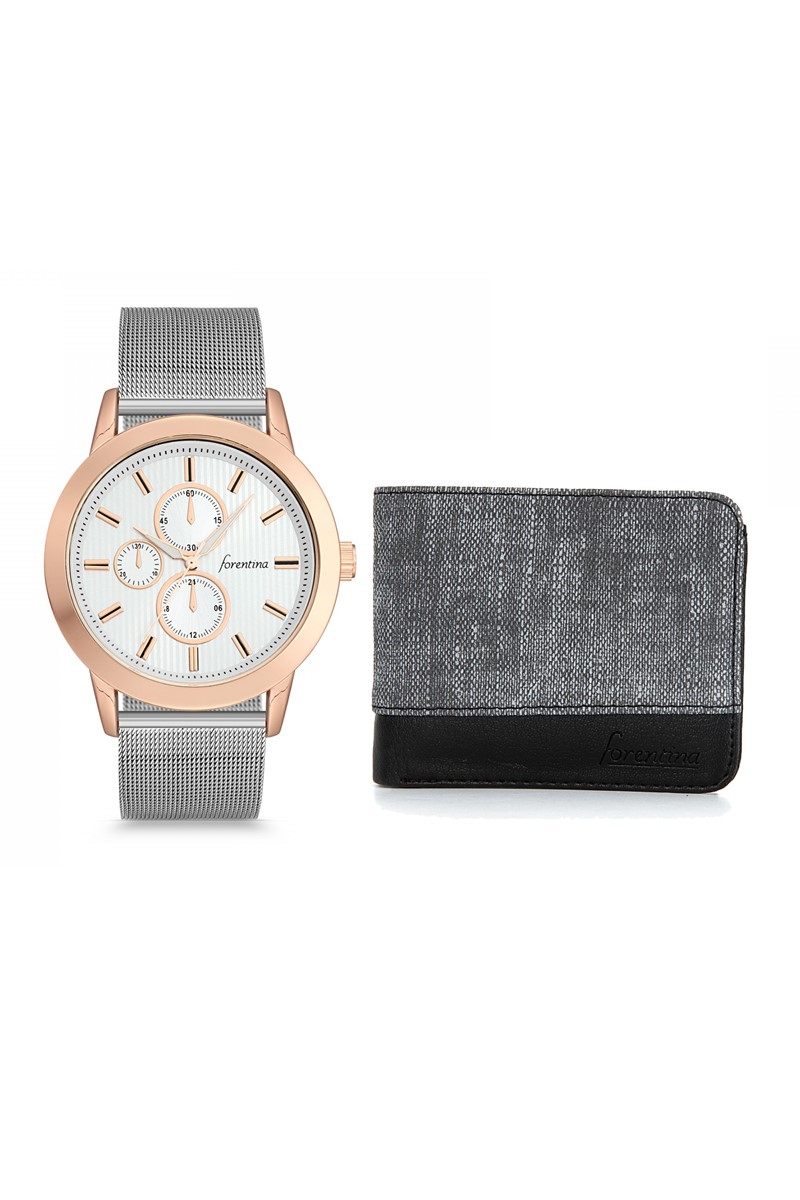 Forentina Gri Hasır Kol Saati - Gri Cüzdan Kombin Set PS1880