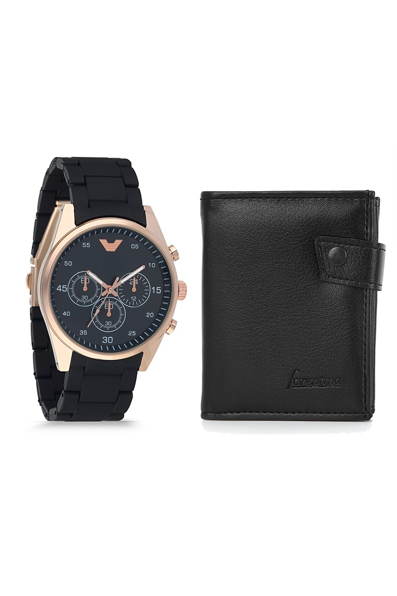 Forentina Siyah Silikon Kol Saati - Siyah Cüzdan Set PS1881