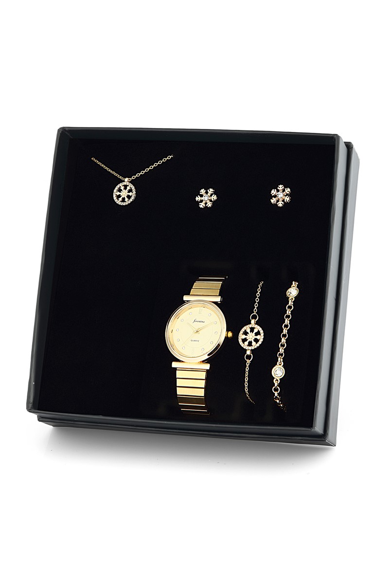 Forentina Altın Kaplama Kar Tanesi Kolye Küpe Bileklik Saat Hediye Takı Seti PS1887