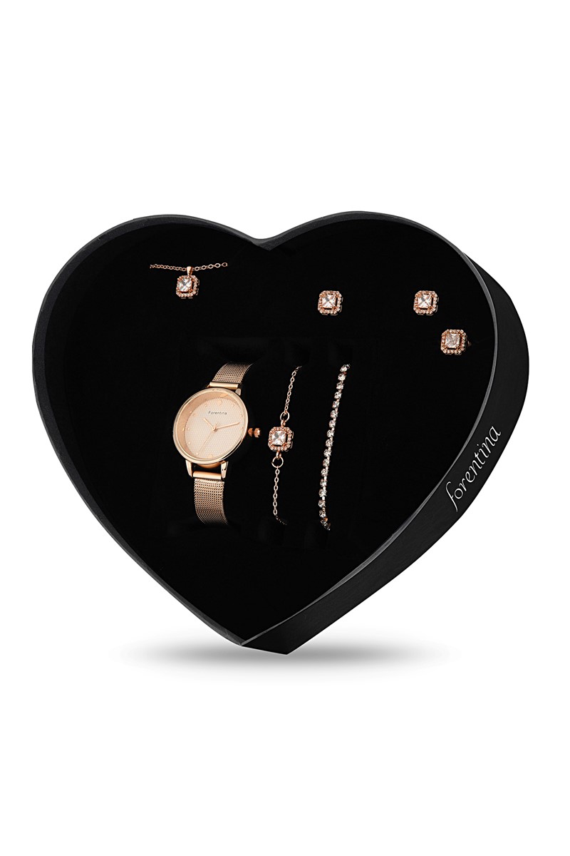 Forentina Rose Tektaş Kolye Küpe Yüzük Bileklik Saat - Hediye Set PS1894