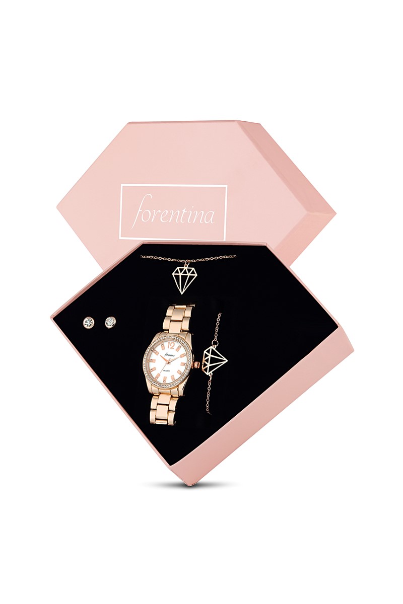 Forentina Rose Elmas Modeli Kolye Küpe Bileklik Saat - Hediye Set PS1895